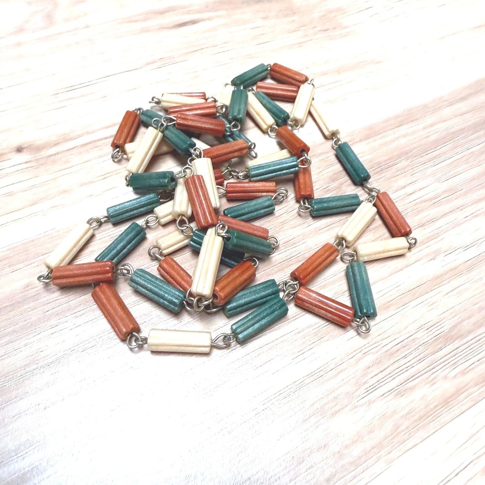 Vintage Long Ribbed Barrel Bead‎ Necklace Green Orange Cream Earthy Boho 48 Inch